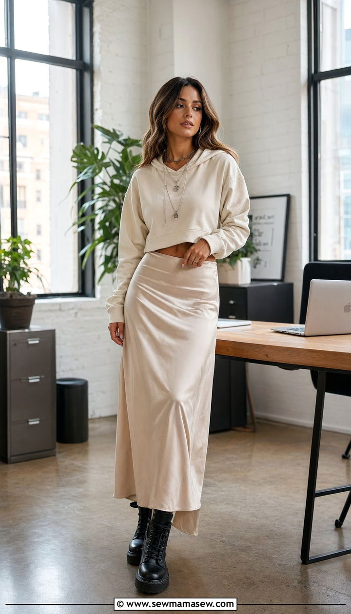 Hoodie with slip skirt and chunky boots outfit - 30 Athleisure outfit ideas for work from home