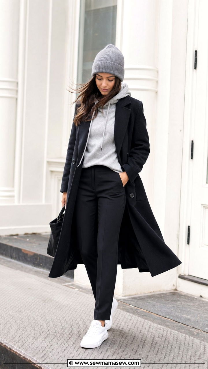 Hoodie with structured coat and tailored pants - 30 windy day outfits inspo