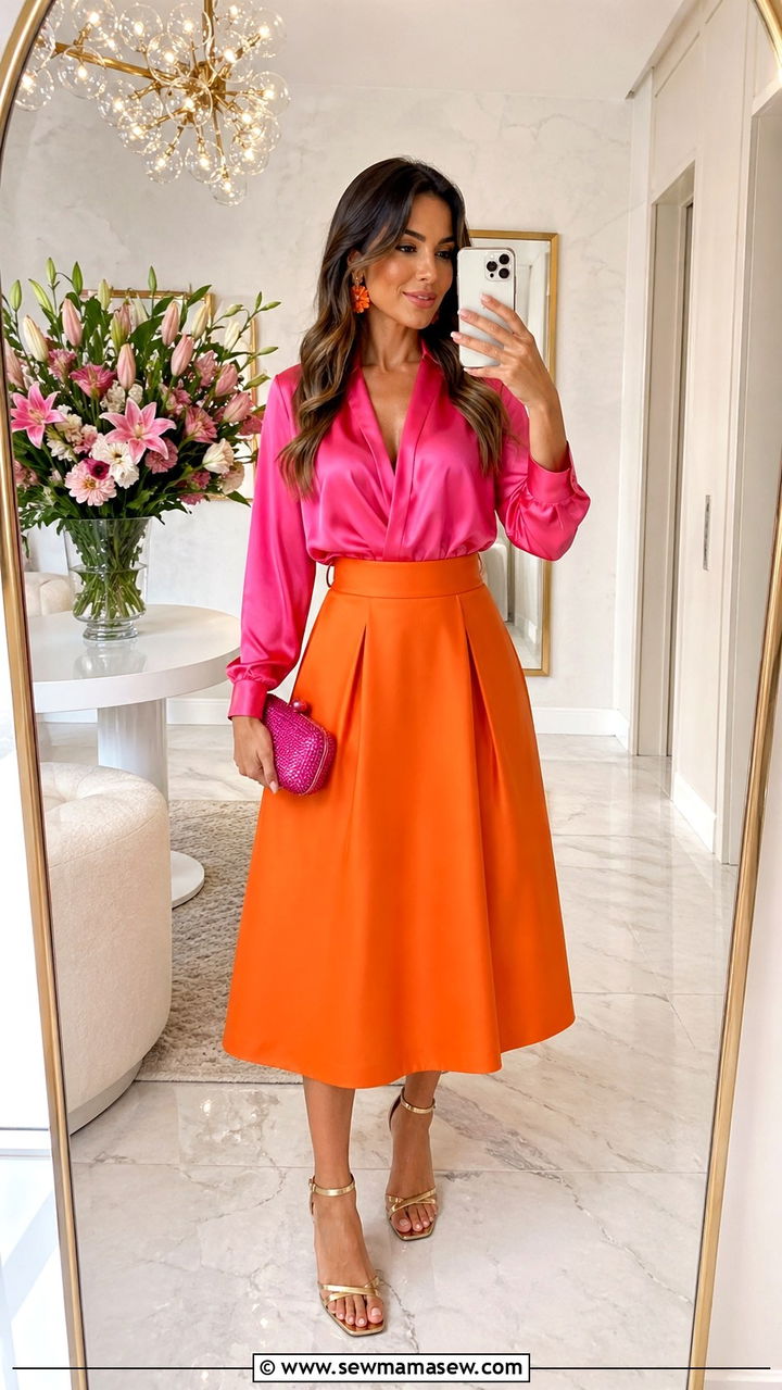 Hot Pink Blouse with Bright Orange Midi Skirt - 30 spring color blocking outfit ideas