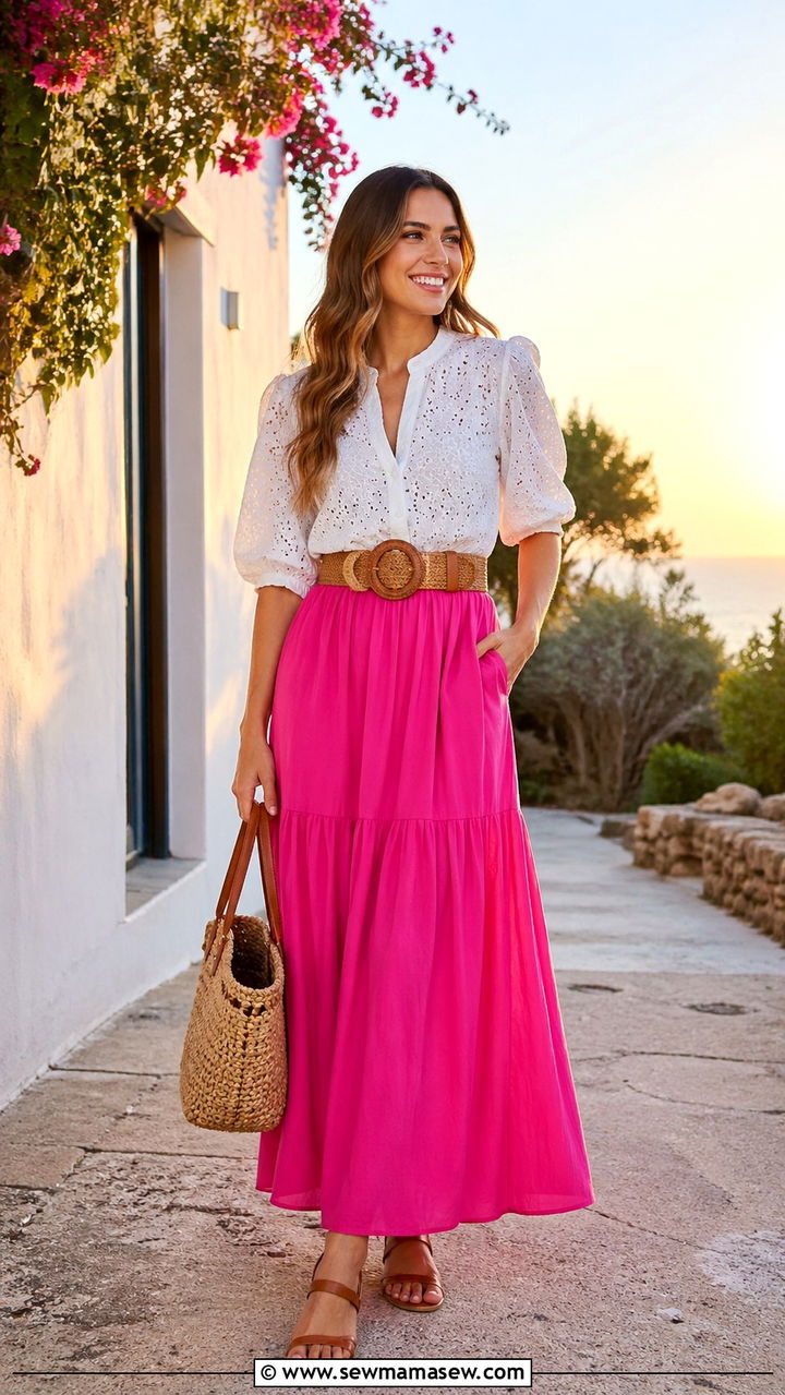 Hot Pink Maxi Skirt With A White Eyelet Blouse - 40 All hot pink outfit ideas