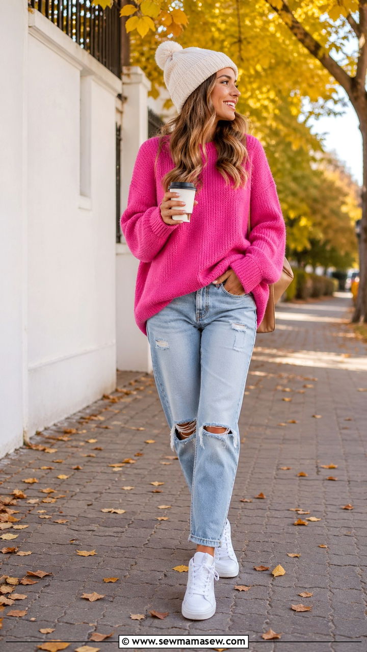 Hot Pink Oversized Sweater With Distressed Jeans - 40 All hot pink outfit ideas