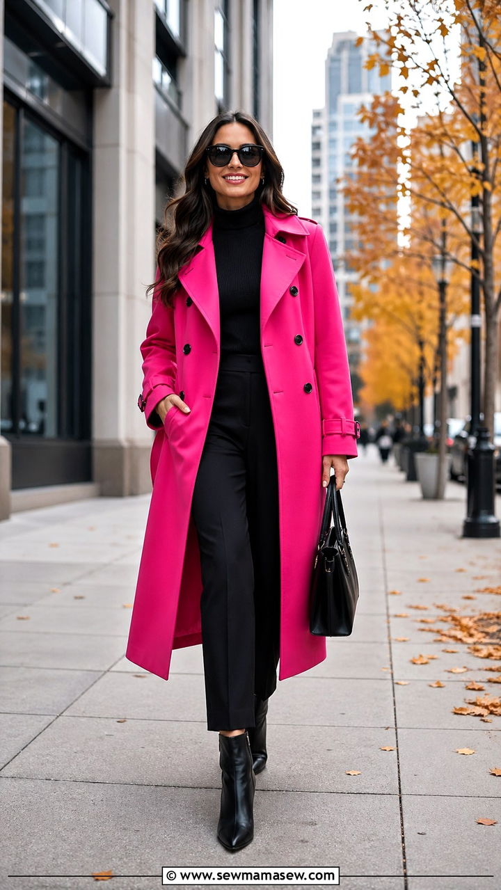 Hot Pink Trench Coat Over All Black Outfit - 40 All hot pink outfit ideas