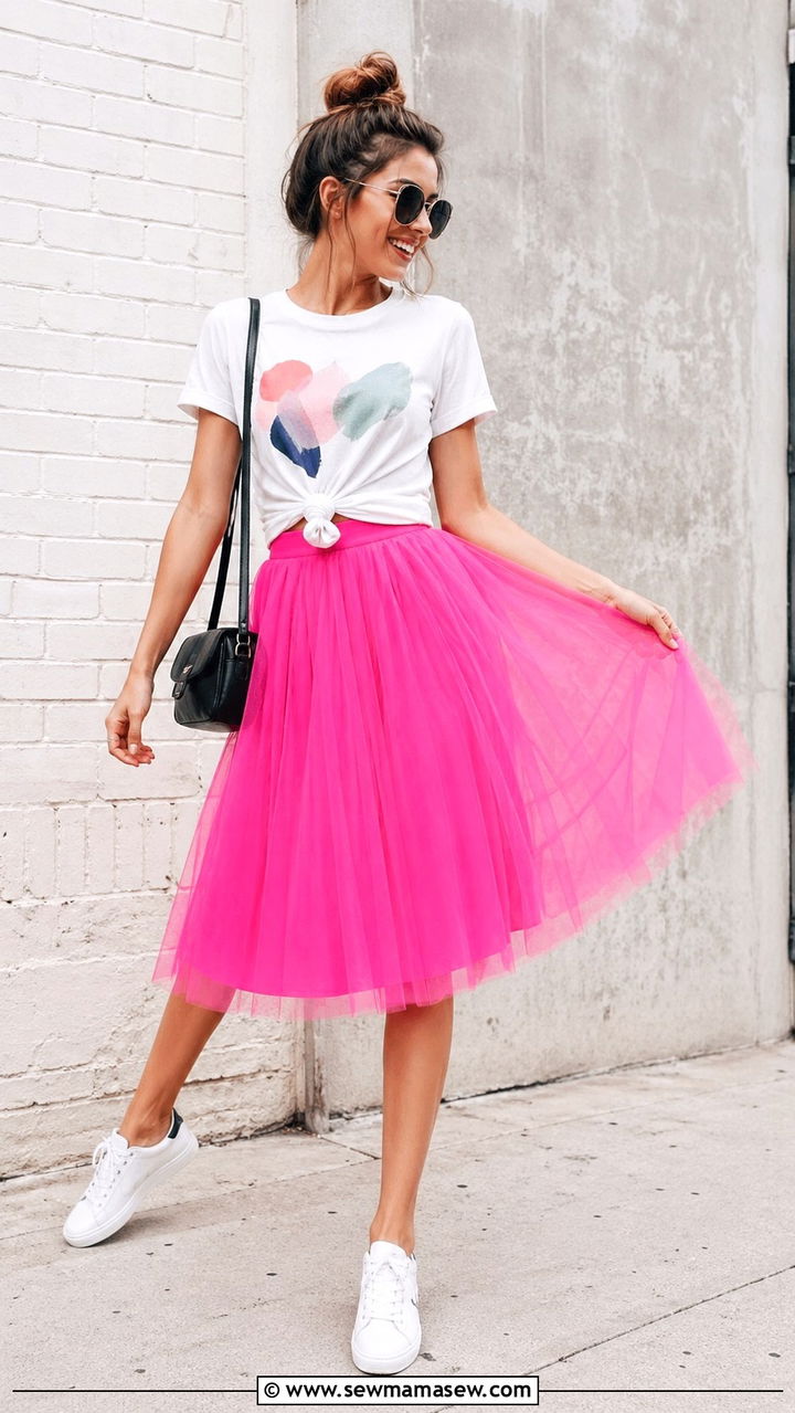 Hot Pink Tulle Midi Skirt With A Graphic Tee - 40 All hot pink outfit ideas