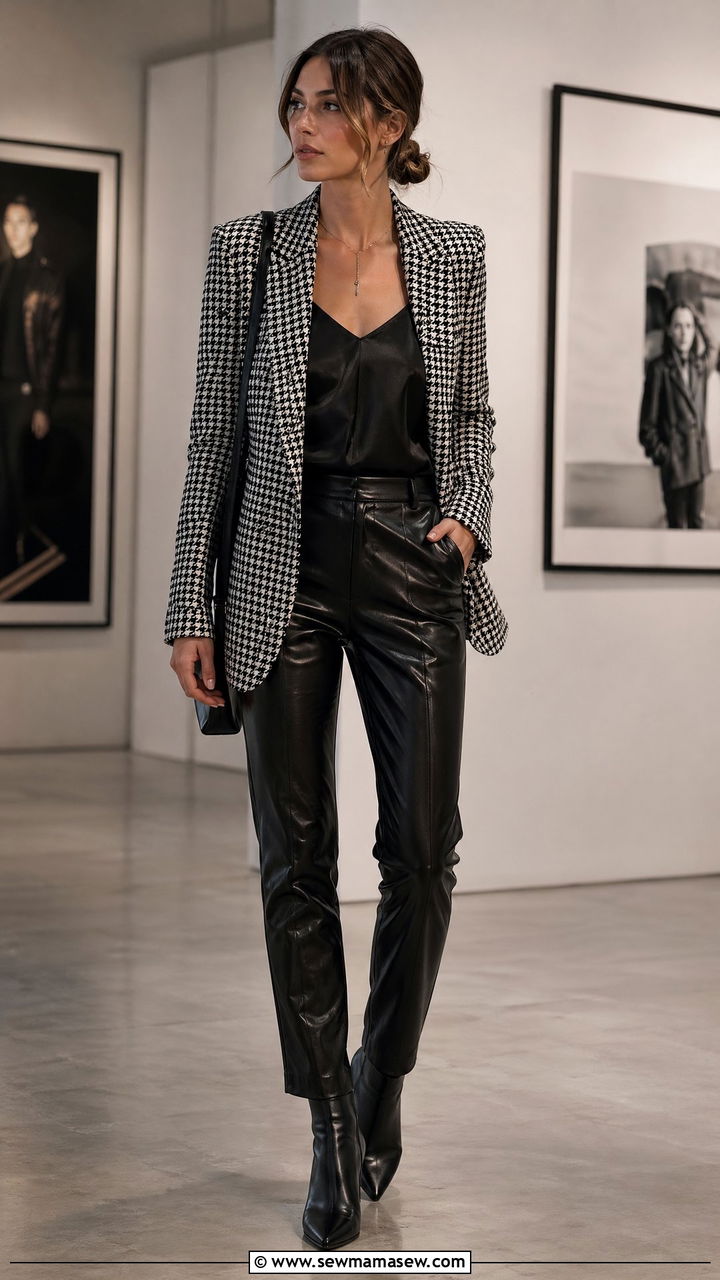 Houndstooth Blazer With Black Leather Trousers - 35 Conference outfit ideas