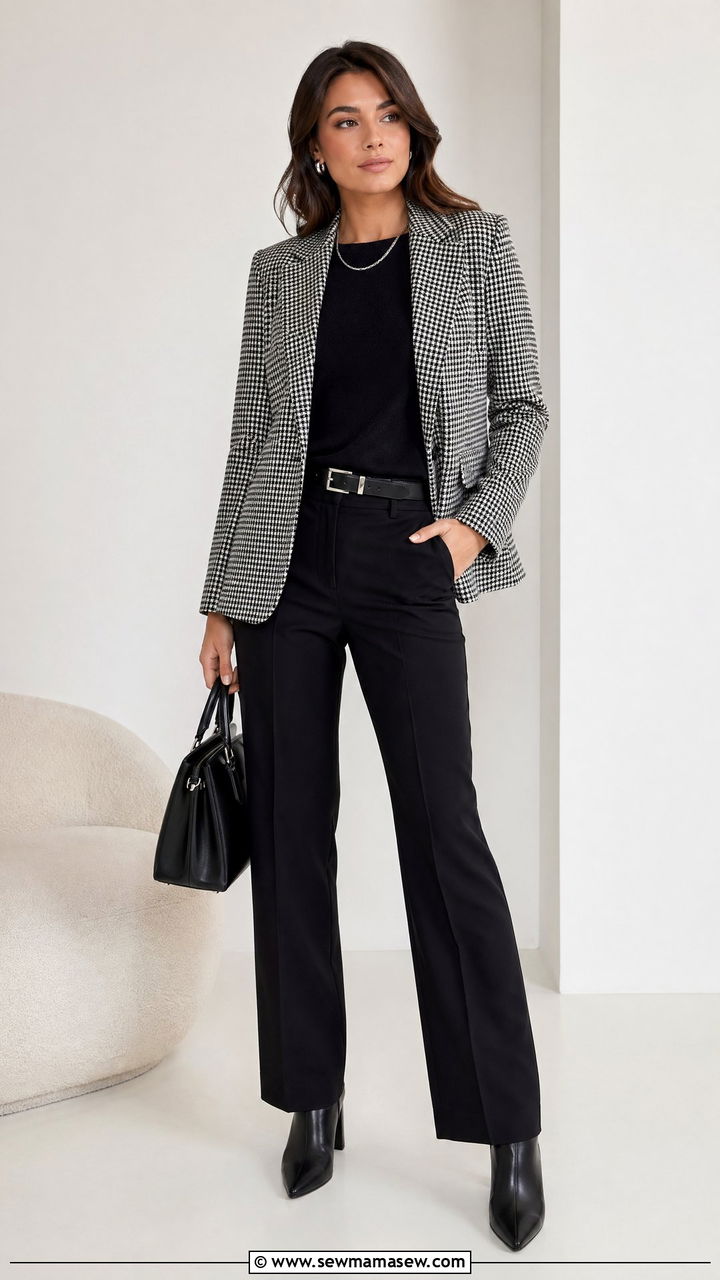 Houndstooth Blazer With Black Straight Leg Trousers - 35 Classic business casual outfits