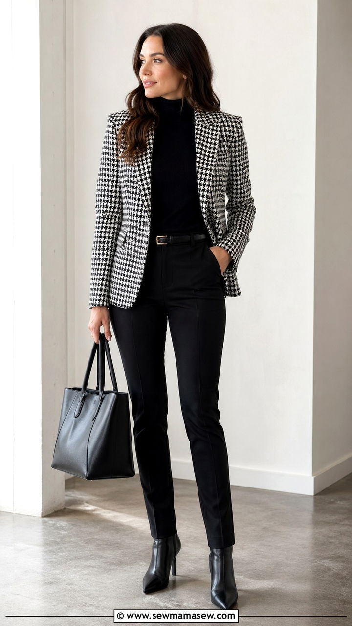 Houndstooth Blazer With Black Trousers And Ankle Boots - 35 Elevated work outfit ideas
