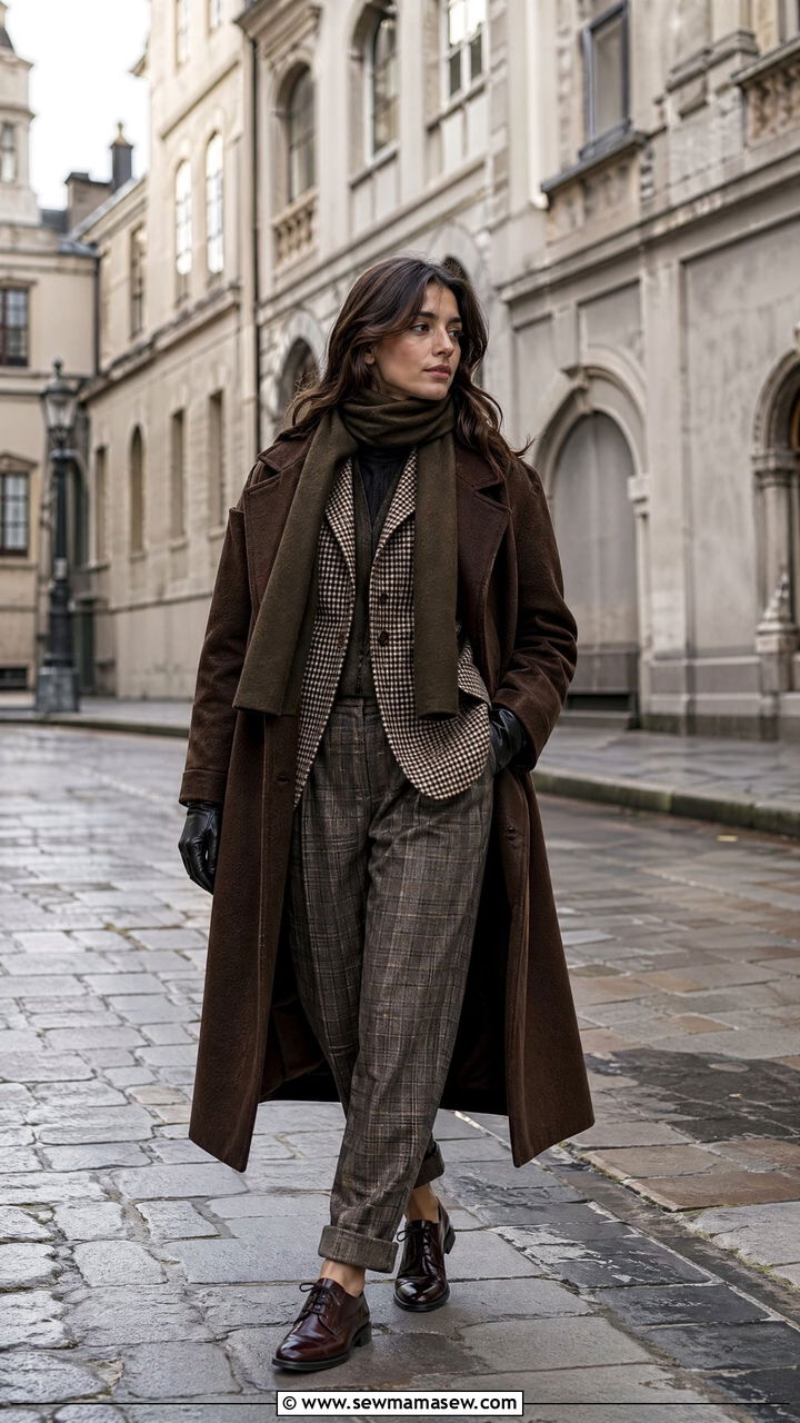 Houndstooth Blazer and Long Brown Coat with Plaid Trousers - 35 dark academia outfits