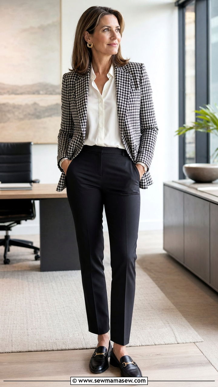 Houndstooth Blazer with Black Trousers - 35 Old money outfit ideas for women over 40