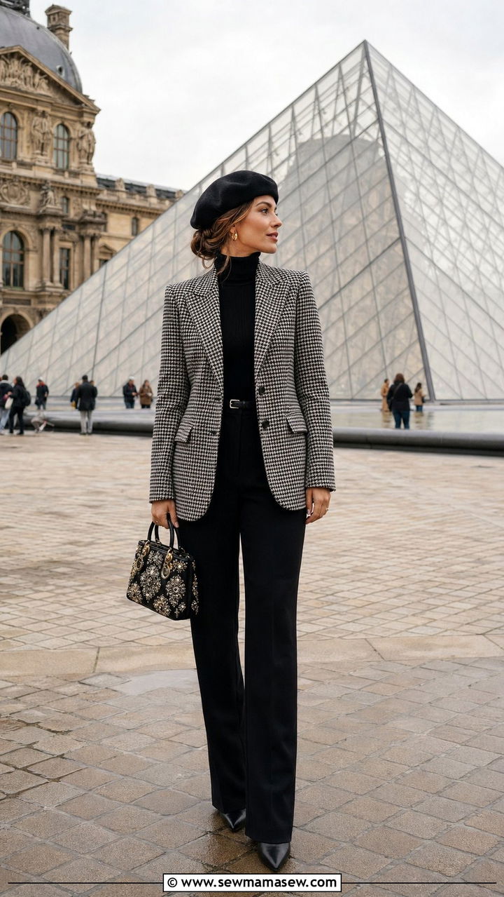 Houndstooth Blazer with Black Turtleneck and Classic Beret - 35 Paris outfits ideas
