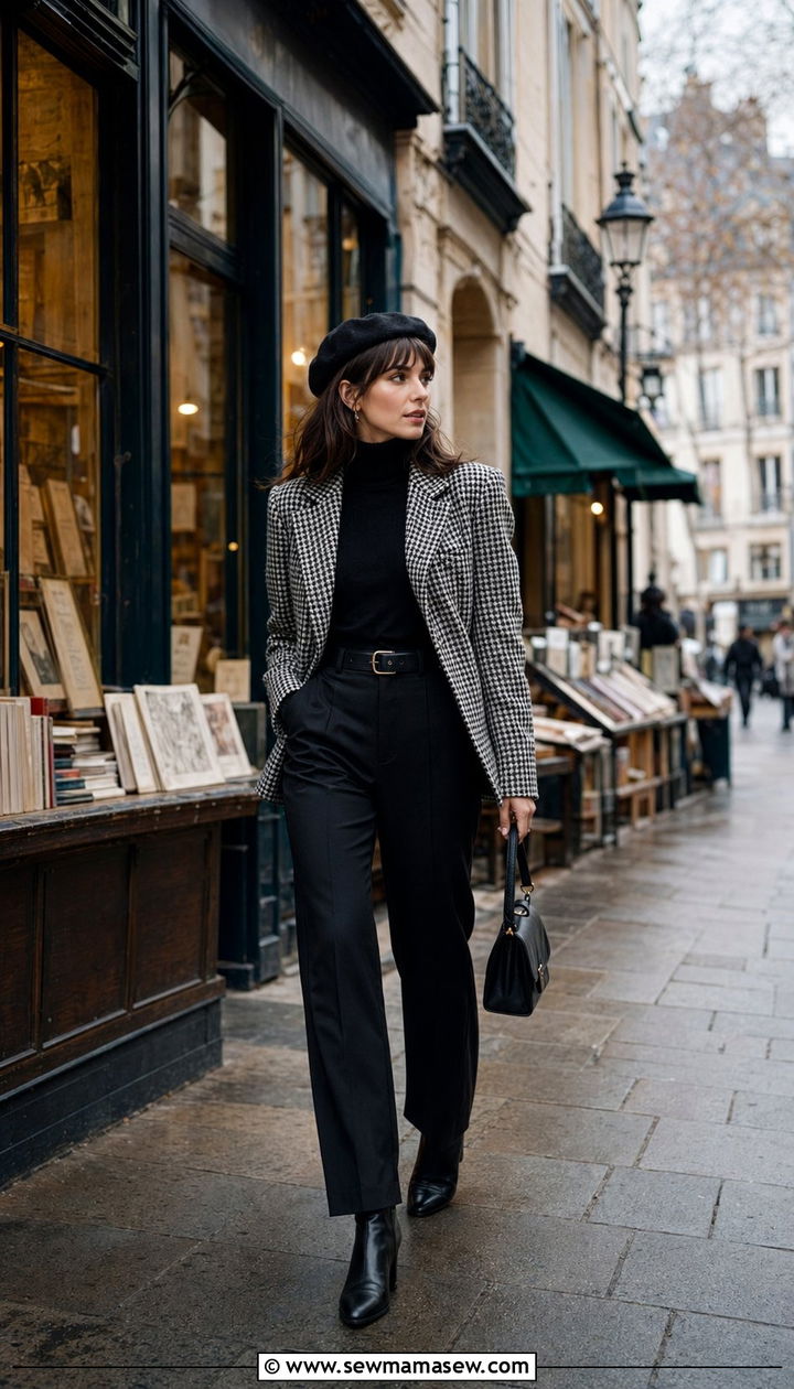Houndstooth Blazer with Black Turtleneck and Wool Beret - 35 Paris outfits for women