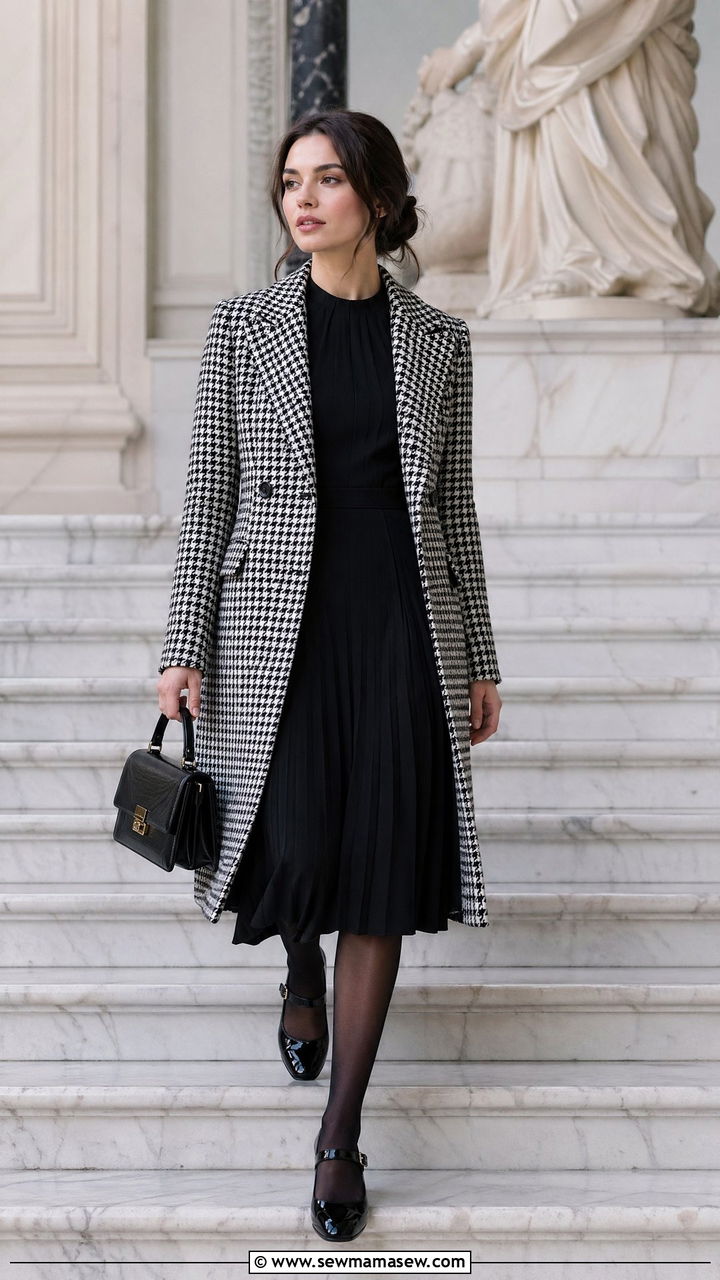 Houndstooth Coat Outfit With Black Dress And Mary Janes - 35 Dark academia outfit ideas