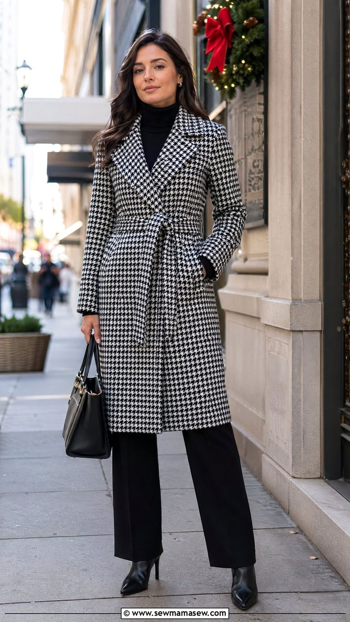 Houndstooth Coat With Black Trousers and Heeled Boots - 40 trendy outfits for women
