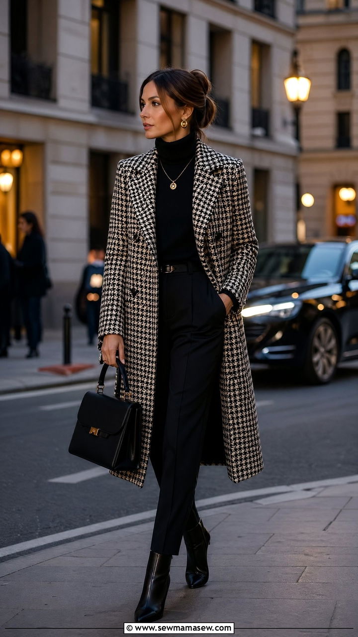 Houndstooth Coat with Black Turtleneck and Trousers - 35 classy old money outfit ideas