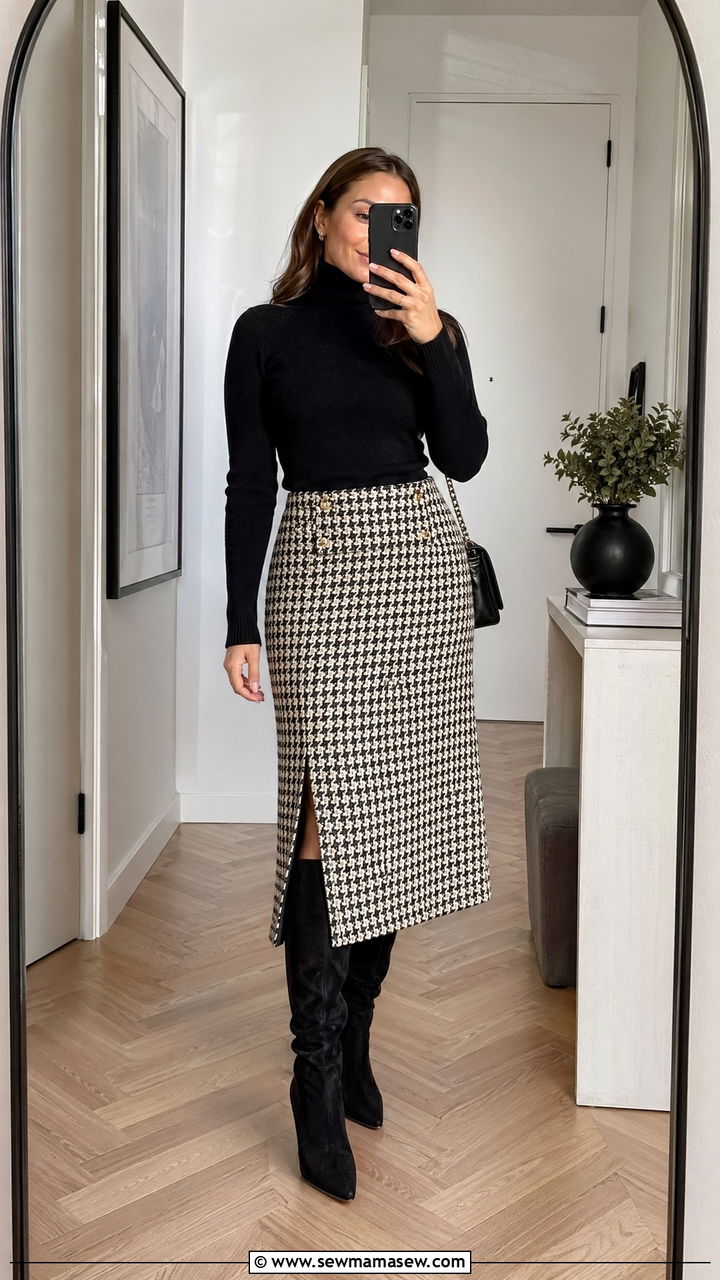 Houndstooth Skirt And Turtleneck For Classical Concert - 35 Classical concert outfit ideas