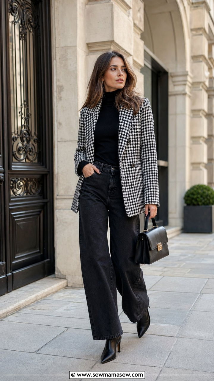 Houndstooth blazer and baggy jeans - 30 Baggy jeans outfit ideas with a blazer