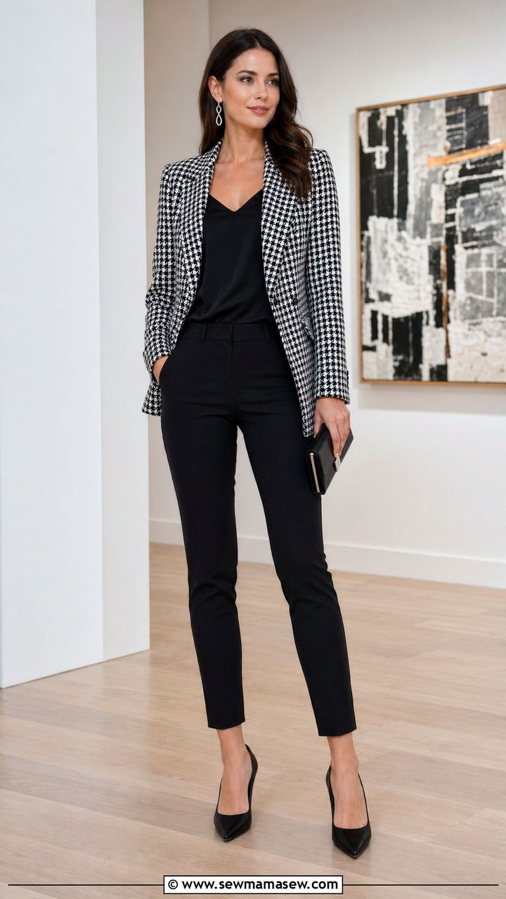 Houndstooth print blazer with black slim trousers - 30 Best blazers for tall women
