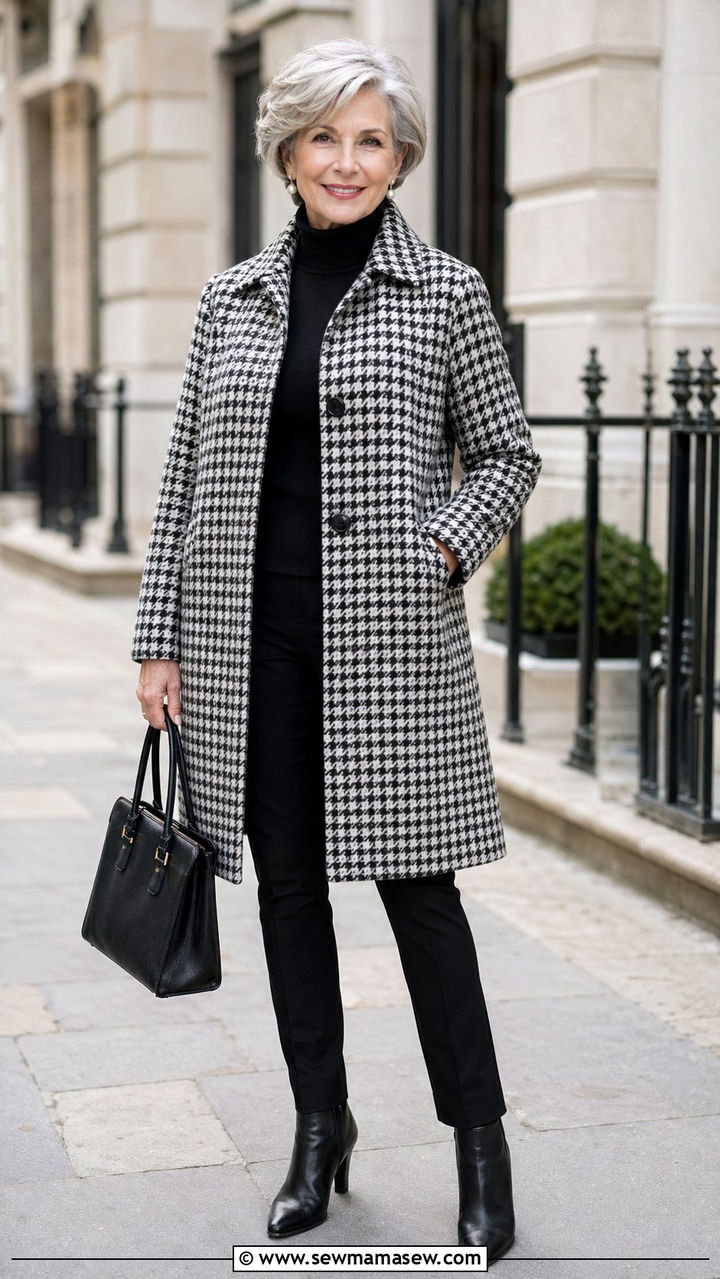 Houndstooth wool coat with black turtleneck and ankle boots - 35 Old money outfit ideas for women over 60