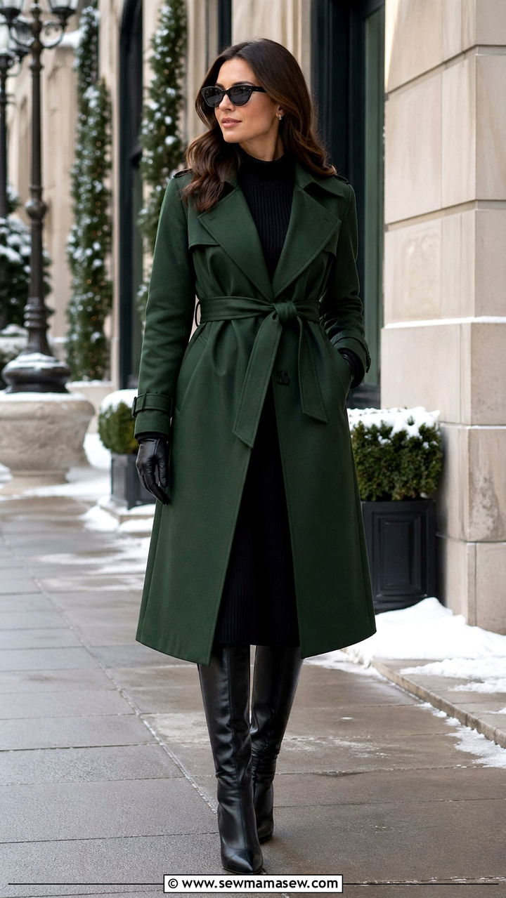 Hunter Green Belted Trench Coat With Knee High Boots - 40 All hunter green outfit ideas