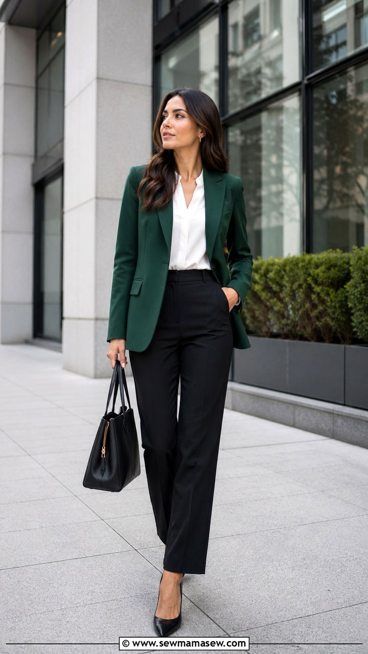 Hunter Green Blazer With White Blouse And Black Trousers - 40 All hunter green outfit ideas