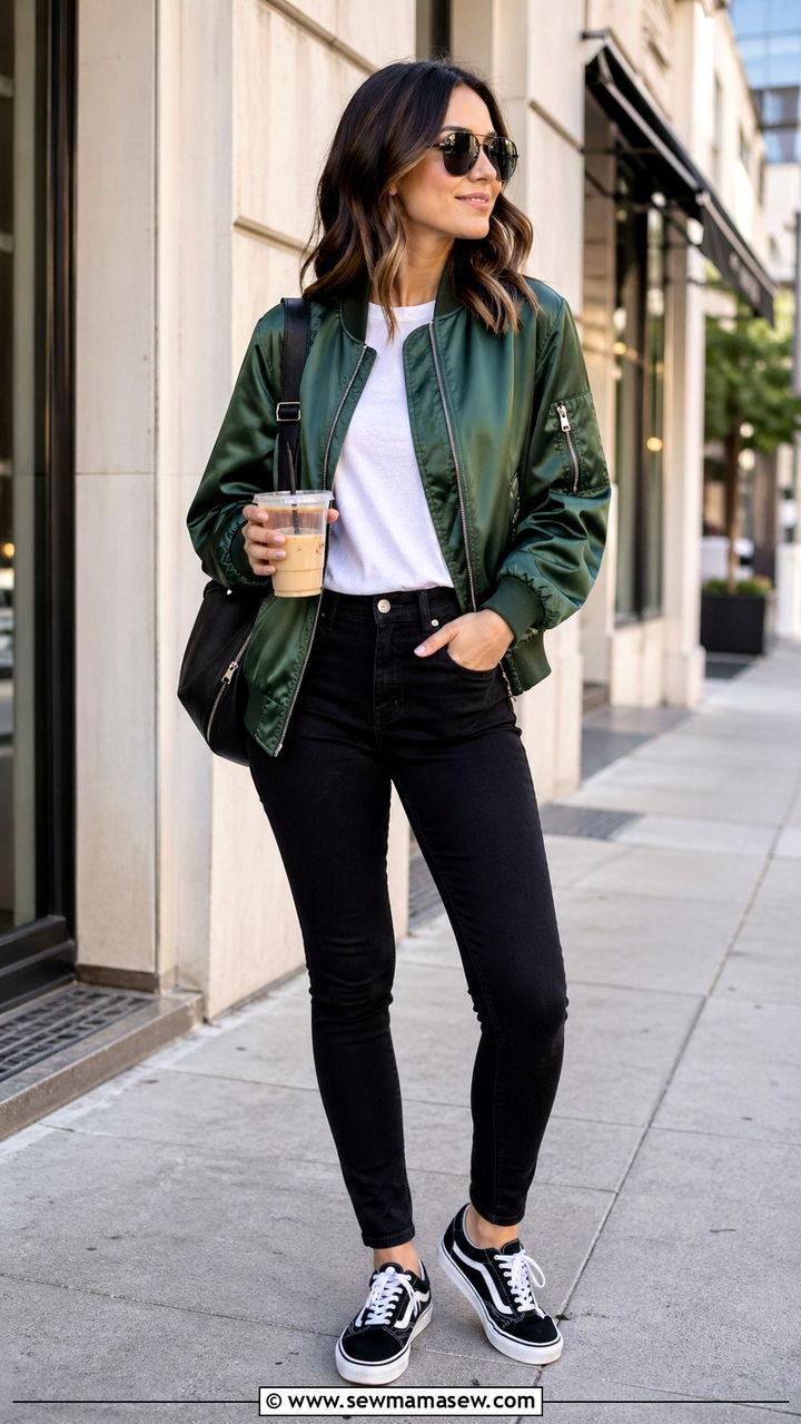 Hunter Green Bomber Jacket With White Tee And Black Jeans - 40 All hunter green outfit ideas