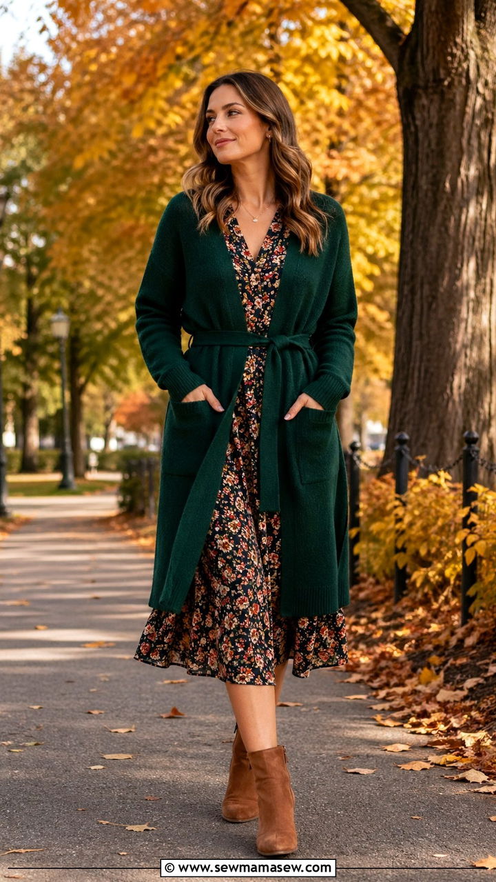 Hunter Green Cardigan Over Floral Dress With Ankle Boots - 40 All hunter green outfit ideas