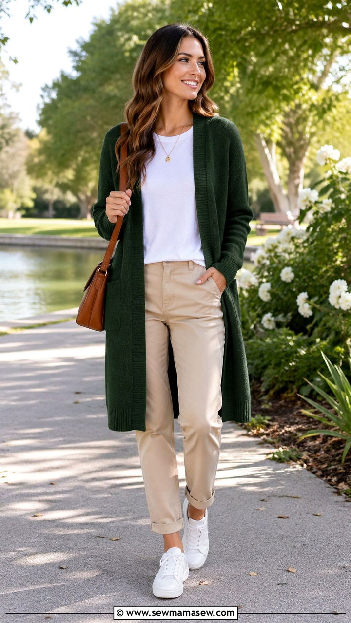 Hunter Green Cardigan With White Tee And Beige Chinos - 40 All hunter green outfit ideas