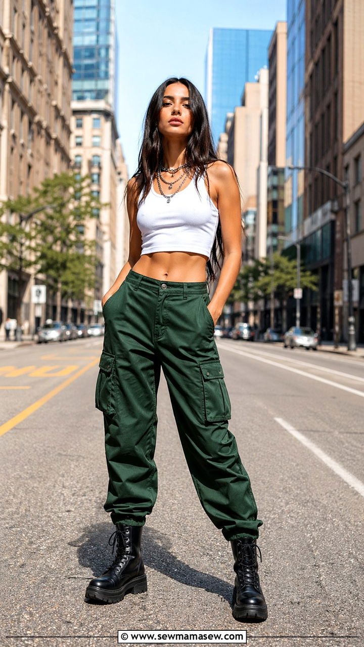 Hunter Green Cargo Pants With White Crop Top And Combat Boots - 40 All hunter green outfit ideas