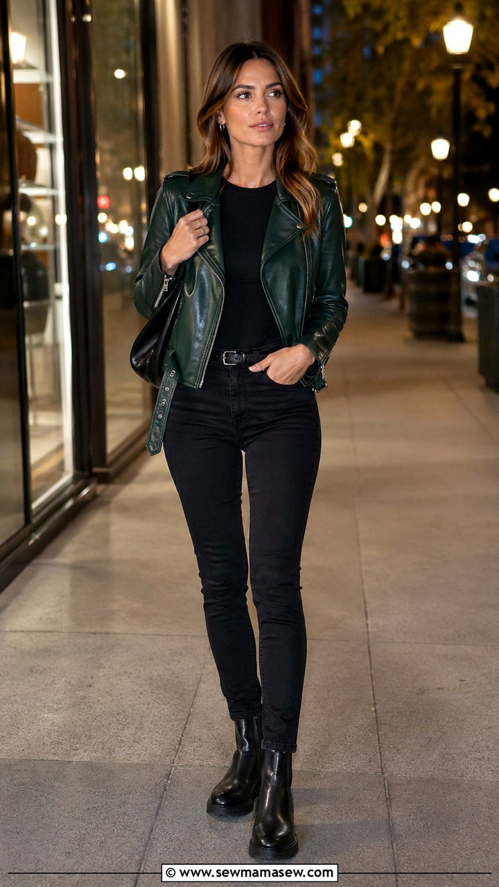 Hunter Green Leather Jacket With Black Jeans And Chelsea Boots - 40 All hunter green outfit ideas