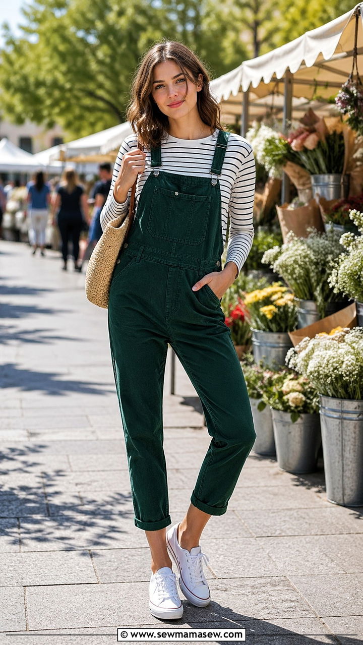 Hunter Green Overalls With Striped Tee And Canvas Sneakers - 40 All hunter green outfit ideas