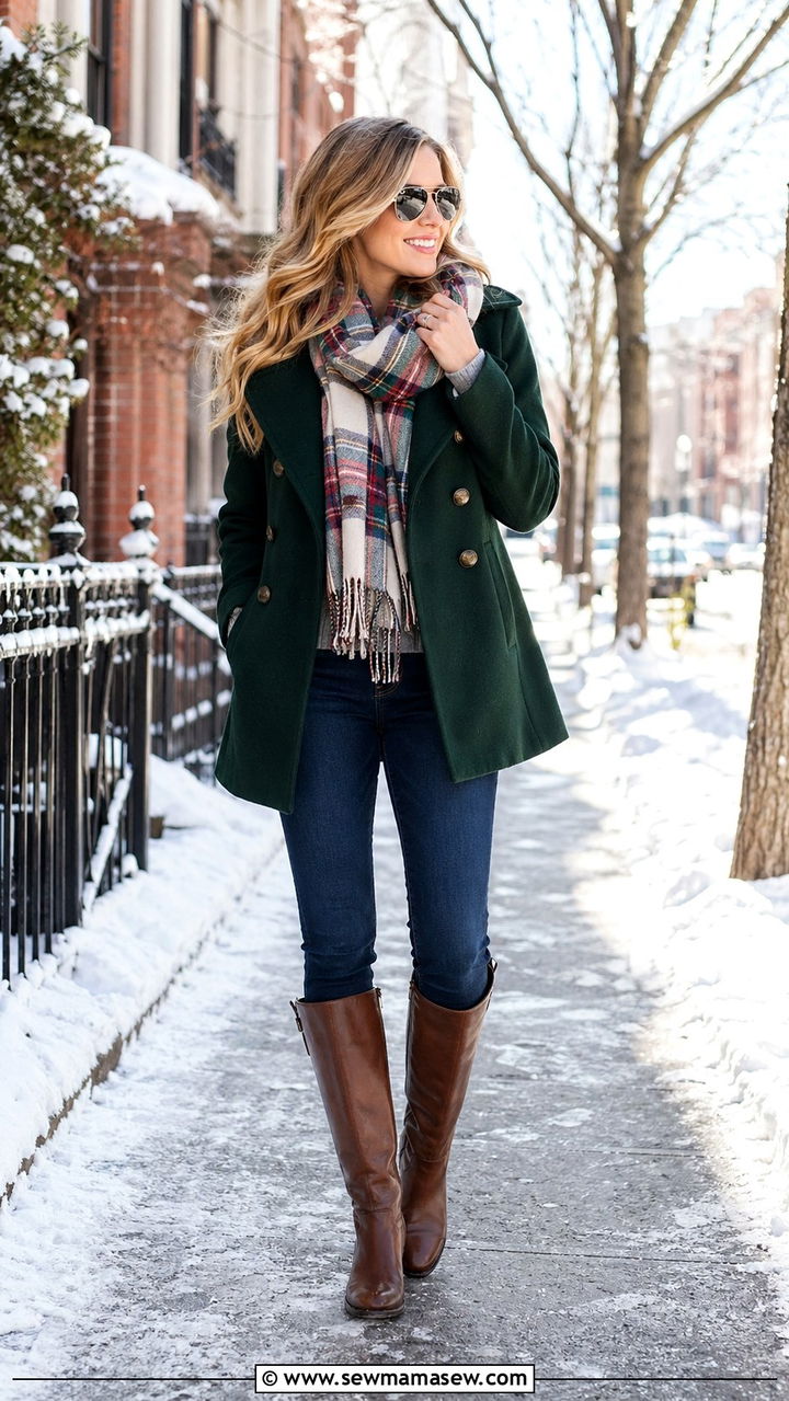 Hunter Green Peacoat With Scarf And Skinny Jeans - 40 All hunter green outfit ideas