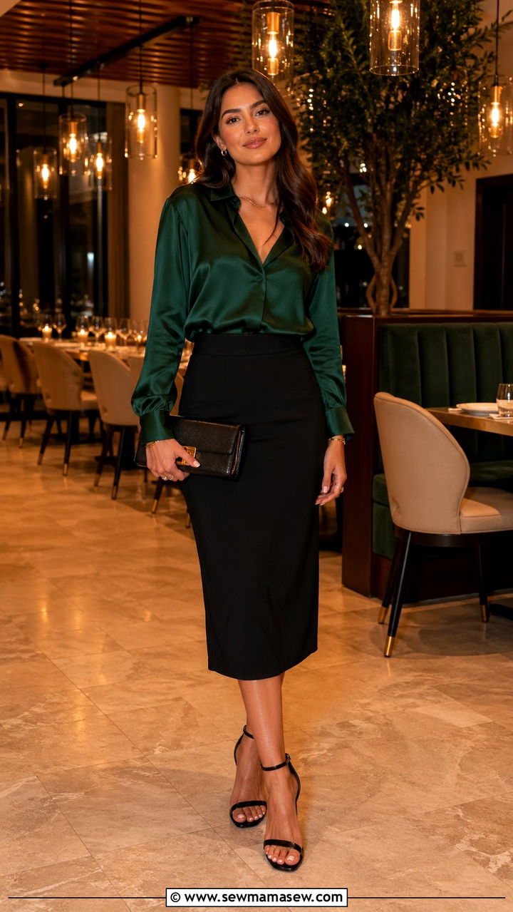 Hunter Green Satin Blouse With Black Midi Skirt And Heels - 40 All hunter green outfit ideas