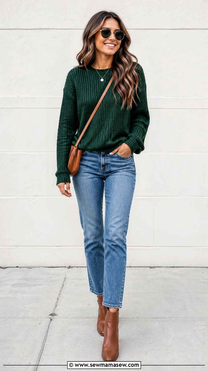 Hunter Green Sweater With Blue Jeans And Ankle Boots - 40 All hunter green outfit ideas