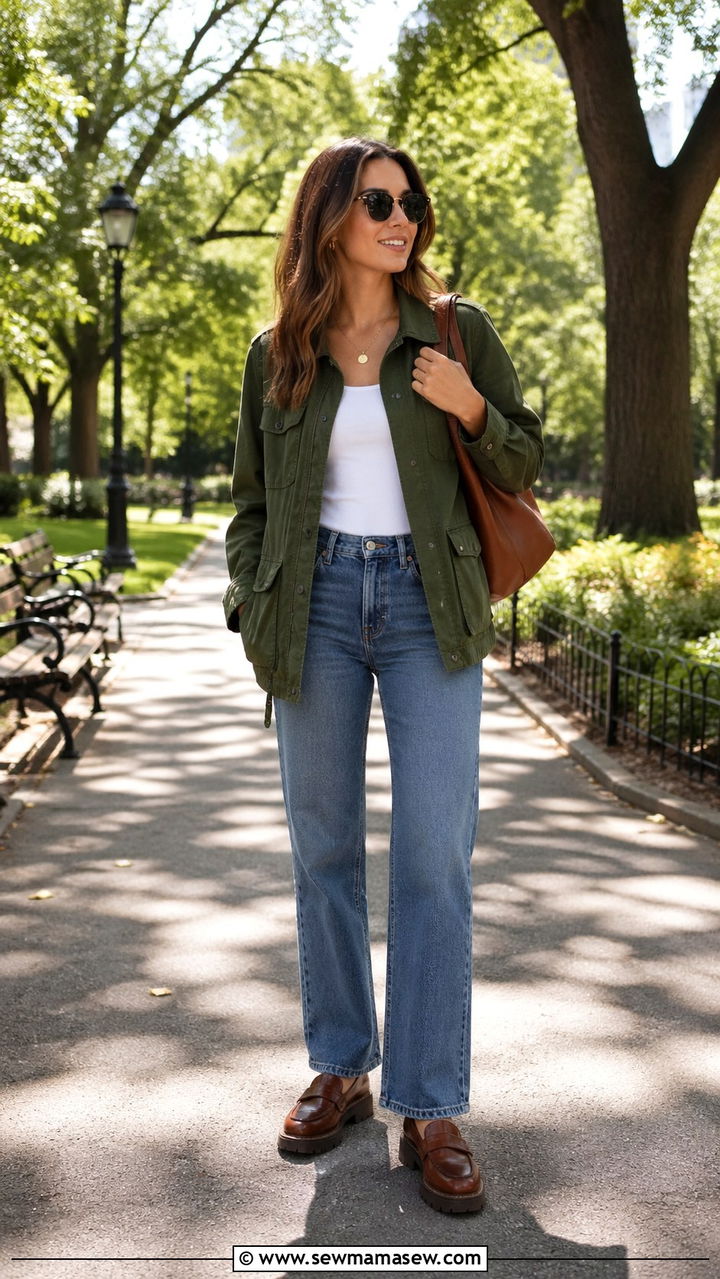 Hunter Green Utility Jacket With White Tank And Straight Leg Jeans - 40 All hunter green outfit ideas