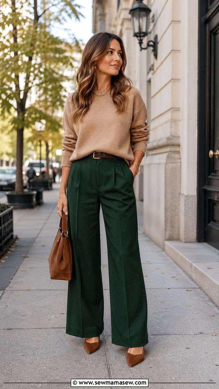 Hunter Green Wide Leg Trousers With Camel Sweater And Mules - 40 All hunter green outfit ideas