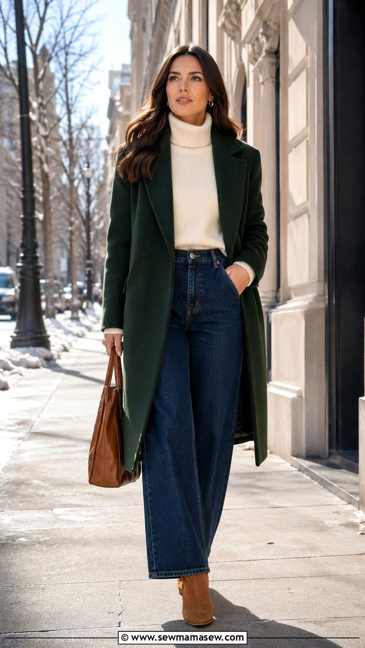 Hunter Green Wool Coat With Cream Turtleneck And Wide Leg Jeans - 40 All hunter green outfit ideas