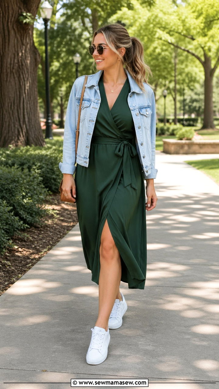 Hunter Green Wrap Dress With Denim Jacket And White Sneakers - 40 All hunter green outfit ideas