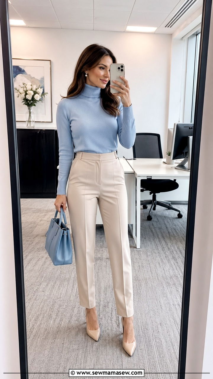 Ice Blue Turtleneck with Beige Tailored Trousers - 30 spring color blocking outfit ideas