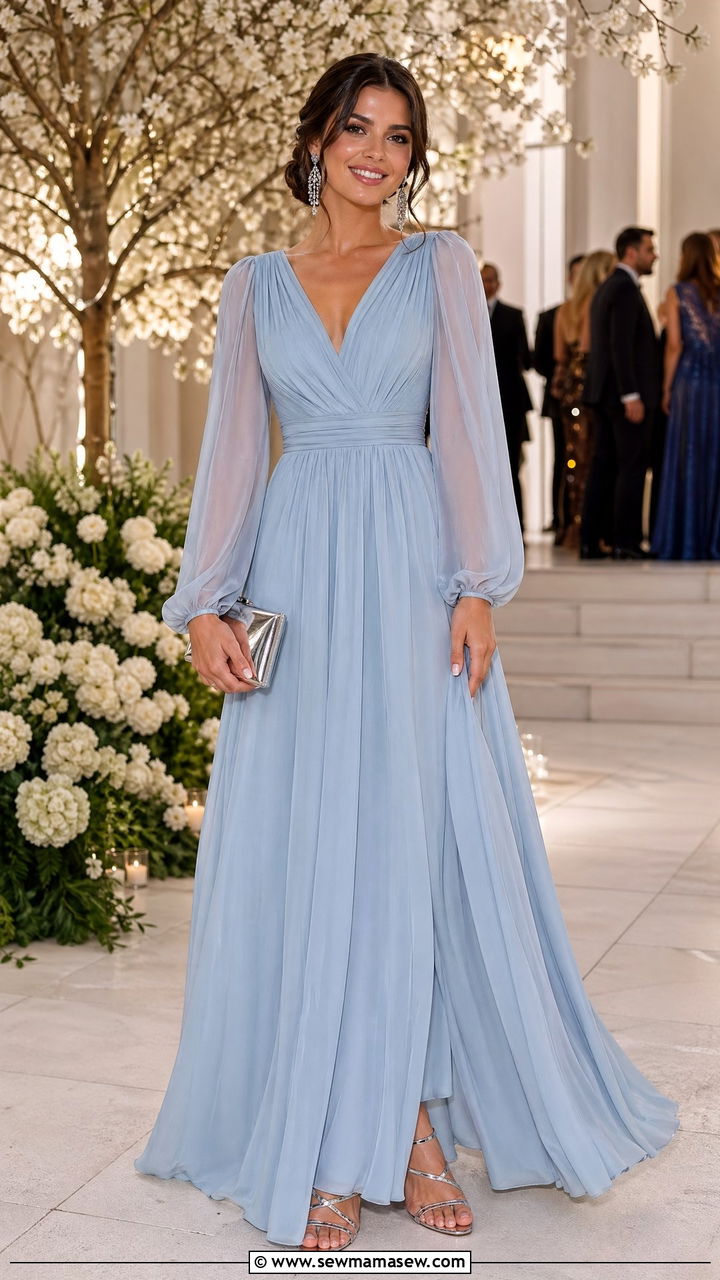 Icy blue maxi dress with silver strappy sandals wedding guest look - 35 Spring 2026 wedding guest outfit ideas