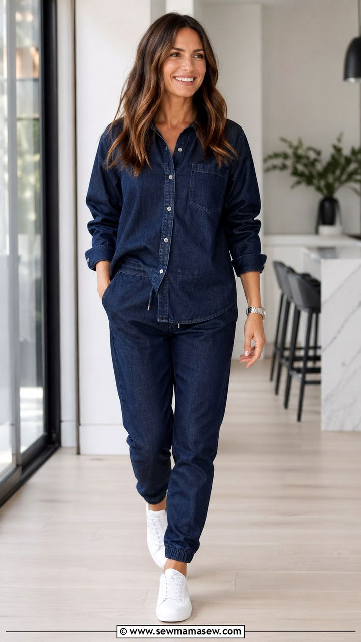 Indigo Denim Shirt With Matching Tapered Joggers - 40 All denim blue outfit ideas