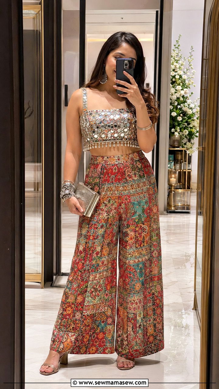 Indo Western Crop Top With Printed Palazzo Pants - 35 palazzo pants outfit ideas for women