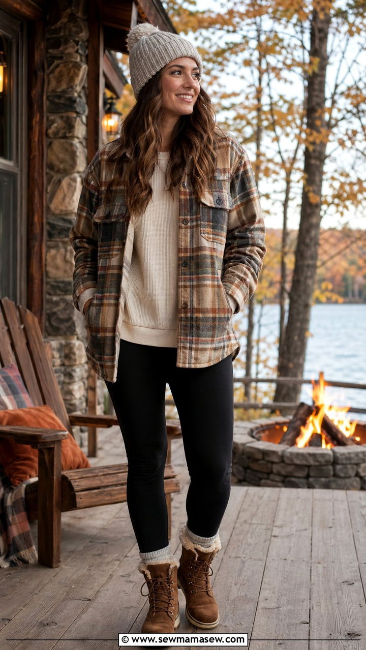 Insulated flannel and fleece leggings outfit - 35 Mountain vacation outfit ideas