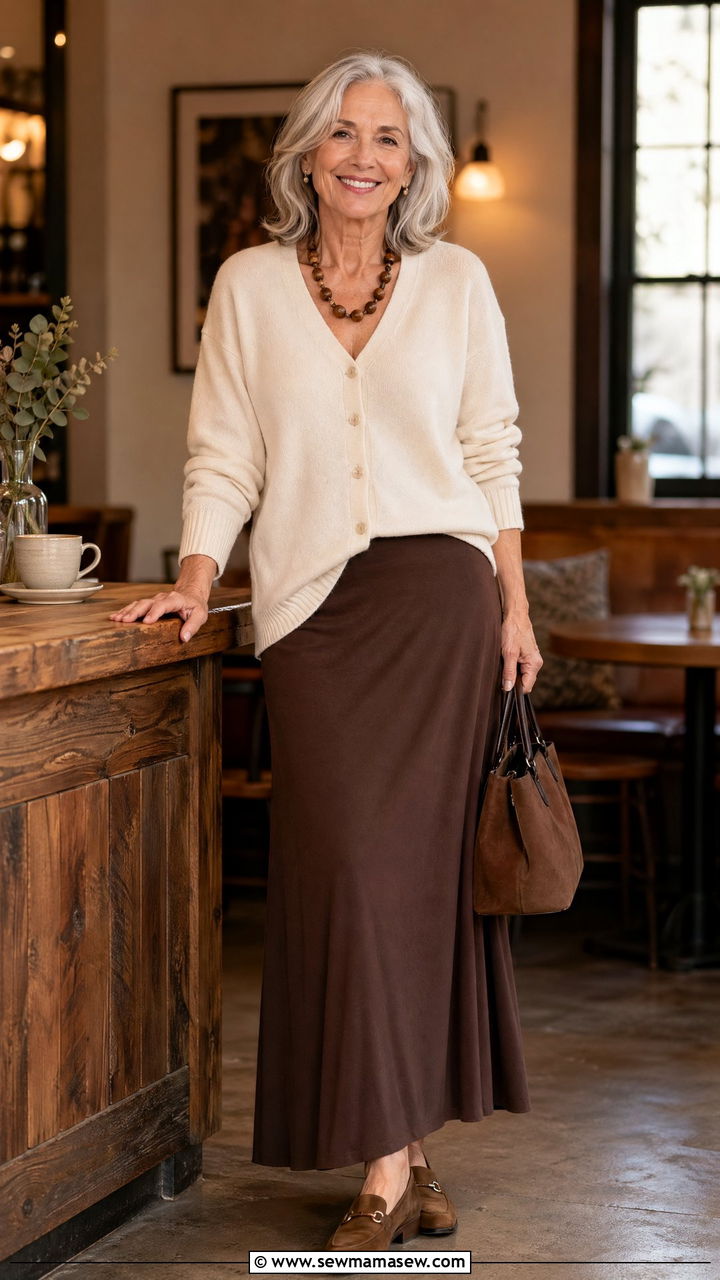 Ivory Cashmere Cardigan Over a Chocolate Brown Jersey Maxi Skirt - 35 Skirt outfit ideas for women over 60