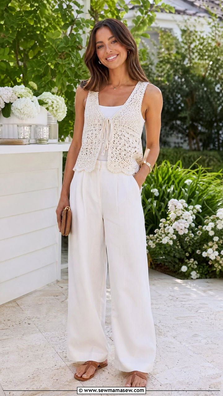 Ivory Crochet Vest With White Wide Leg Trousers - 35 summer minimalist outfit ideas