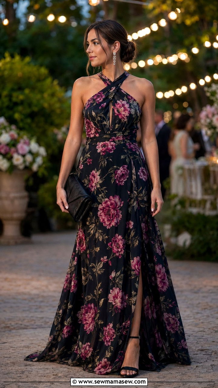 Ivory Floral Print Evening Gown - 30 Wedding guest outfit ideas evening gown