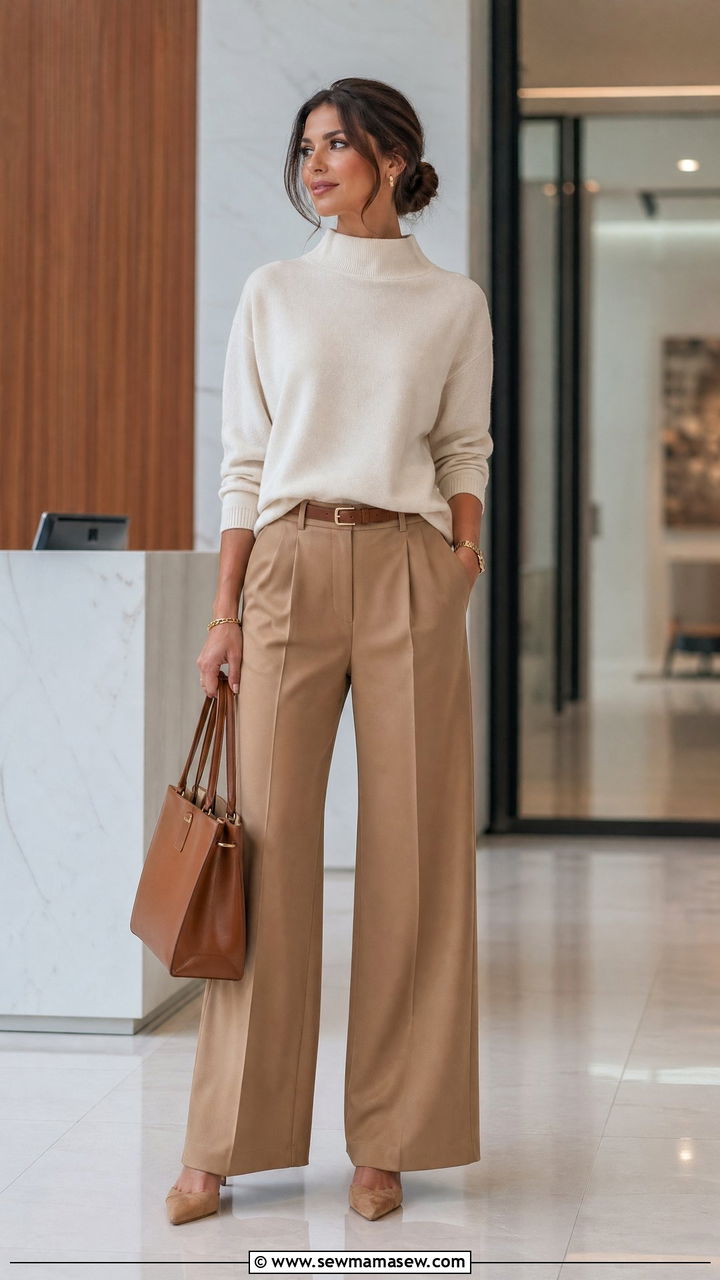 Ivory Funnel Neck Sweater with Camel Wide Leg Trousers - 35 transitional quiet luxury outfit ideas