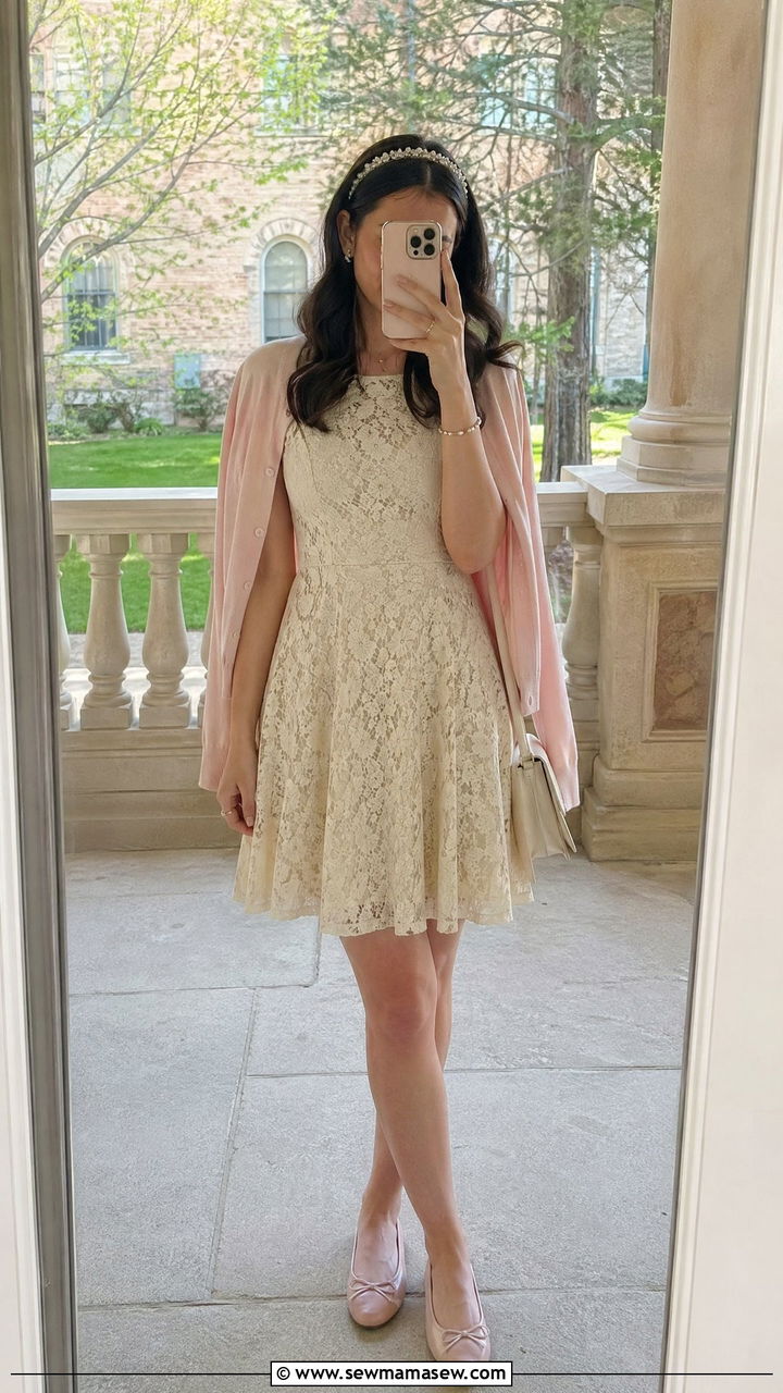 Ivory Lace Fit and Flare Dress With Ballet Flats - 35 what to wear to a graduation