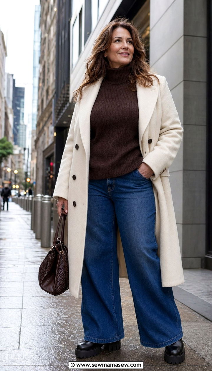 Ivory Overcoat With Chocolate Turtleneck And Wide Denim - 35 Plus size outfit ideas for women over 40
