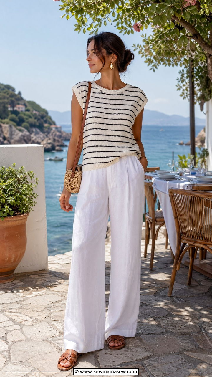 Ivory Striped Knit Top with White Linen Trousers - 35 classy summer outfit ideas
