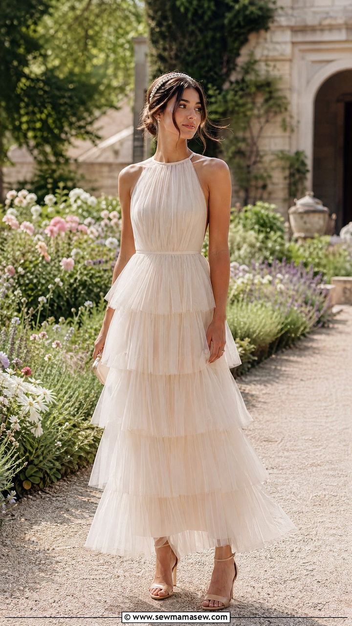 Ivory Tiered Tulle A Line Gown - 35 wedding guest outfits