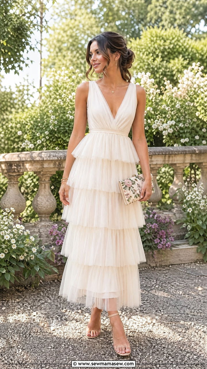 Ivory Tiered Tulle Dress With Nude Sandals - 35 Wedding guest outfit ideas 2026